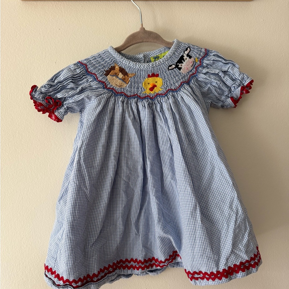 Stellybelly farm smocked dress gingham blue and white